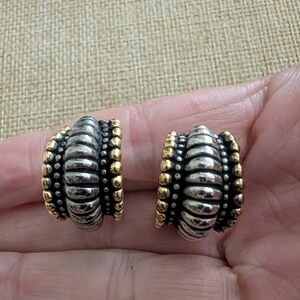 vintage gold silver two tone textured scalloped half hoops clip on earrings